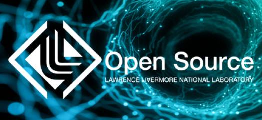 LLNL open source logo in white with full Lab name spelled out, both overlaid on a black background and a pattern of interconnected teal swirls and dots