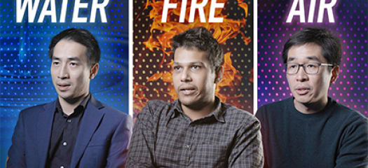 three scientists with different colored abstract backgrounds and the words water, fire, and air at the top