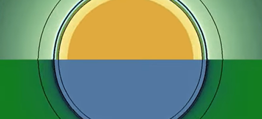 concentric circles where the top half is yellow and orange and the bottom half is blue, set on a background of dark green at bottom and light green at top