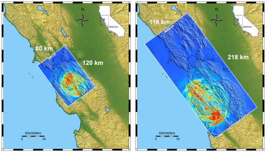 side-by-side topographical maps of the California Bay Area with Hayward Fault highlighted in blue and earthquake growth depicted in rainbow colors 