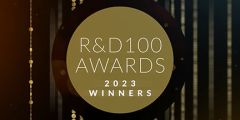 gold circle on black background with text "R&D 100 awards 2023 winners"