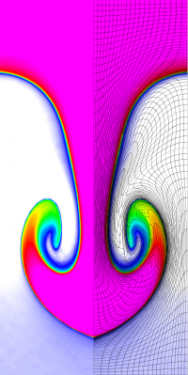 Results for density and curvilinear mesh in the Rayleigh-Taylor problem using Q4-Q3 finite elements at time t =  5 